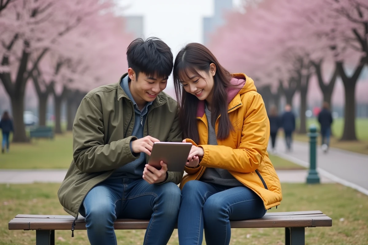 Deux amis regardant un manga sur une tablette dans un parc