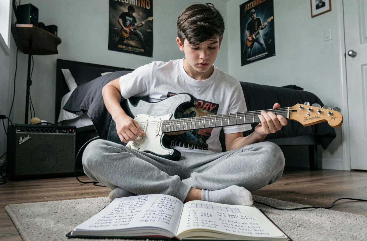 Adolescent guitariste assis par terre dans sa chambre, confus face à des tablatures mal copiées dans un carnet