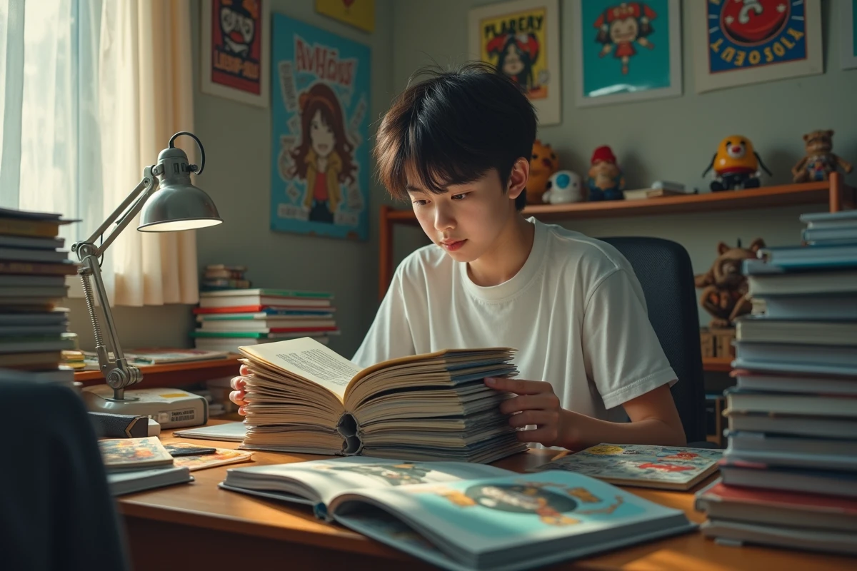 Adolescent parcourant une pile de mangas de différents genres sur un bureau encombré dans sa chambre