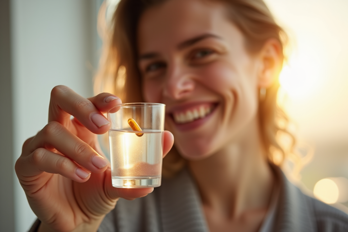 Adulte souriant tenant une capsule de vitamine D3 dans l