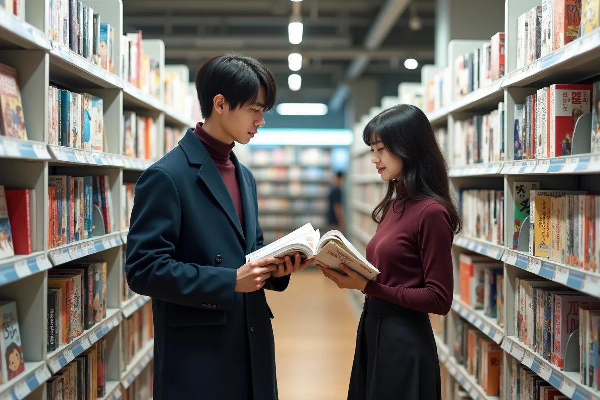 Deux adultes comparant des mangas de genres différents dans le rayon spécialisé d'une librairie japonaise