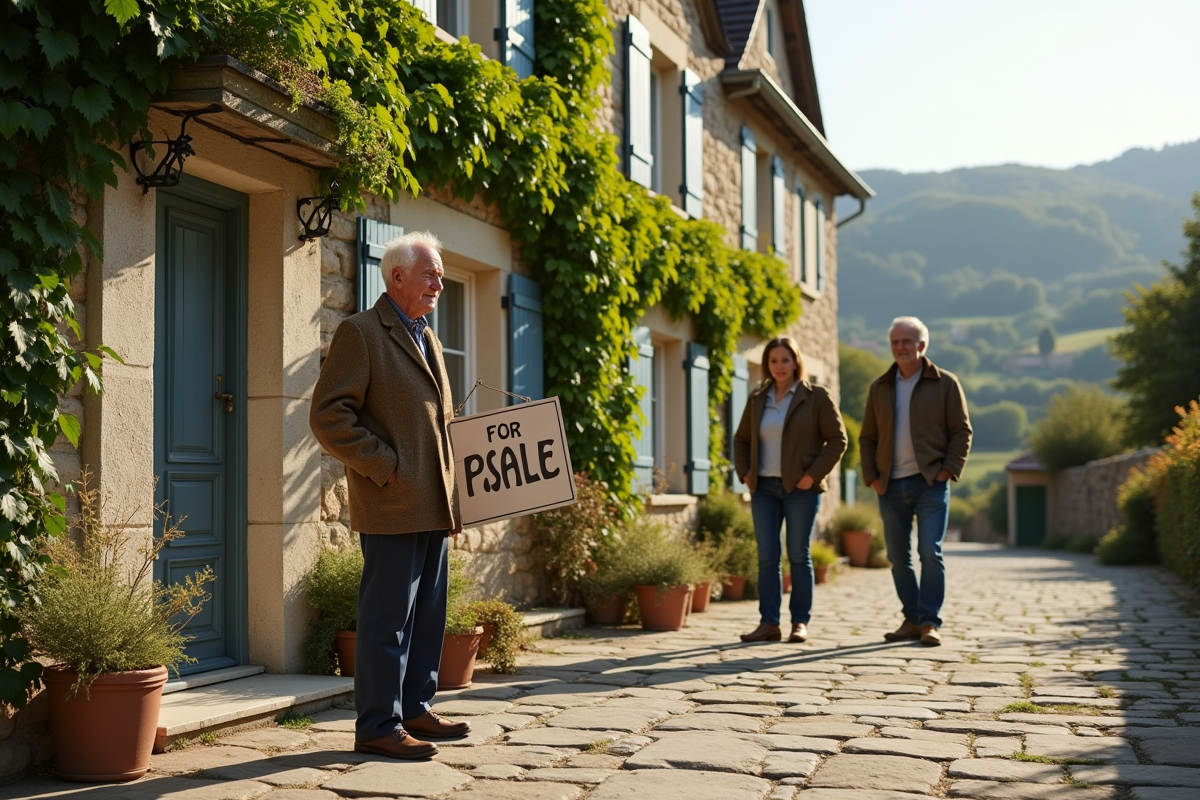 Agent immobilier avec panneau vente devant maison en pierre