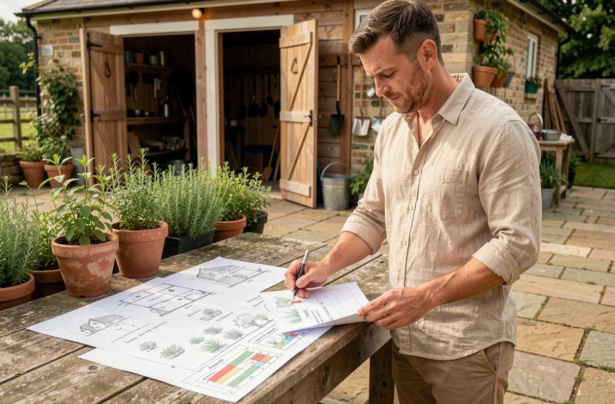 Agriculteur étudiant des plans de parcelles dessinés à la main sur une table en bois rustique dans une ferme organisée
