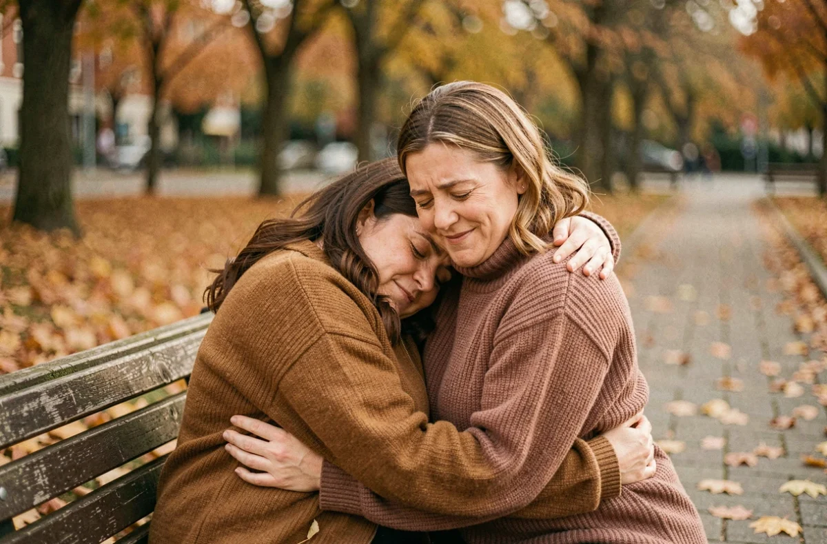 Deux amies qui s'embrassent avec émotion sur un banc de parc en automne, exprimant une amitié sincère et touchante