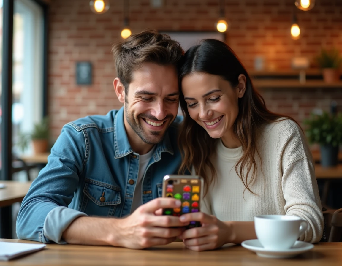 Deux amis consultant un jeu mobile de type Monopoly GO ensemble dans un café, stratégie pour atteindre le niveau magnat