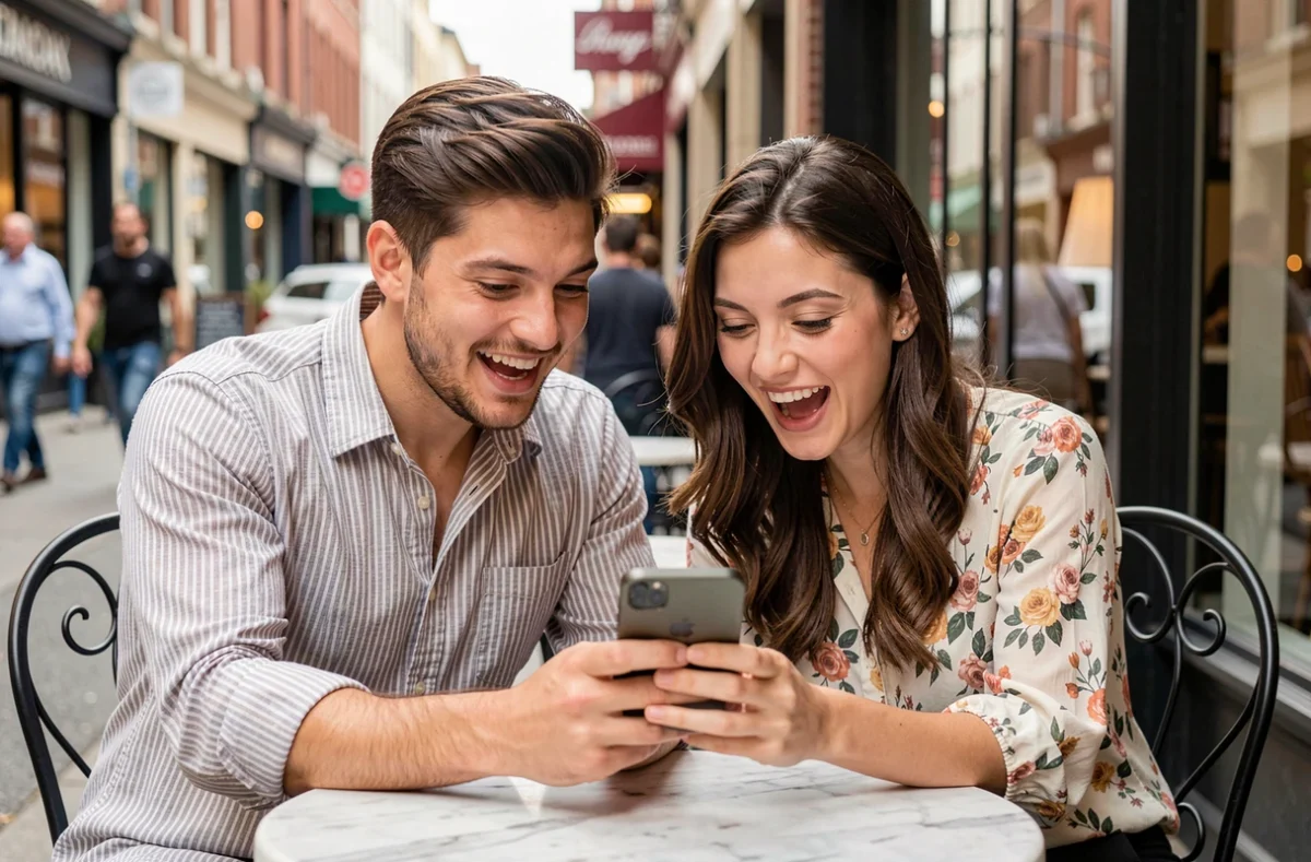 Deux amis partageant un lien dés gratuit Monopoly Go ensemble en terrasse de café