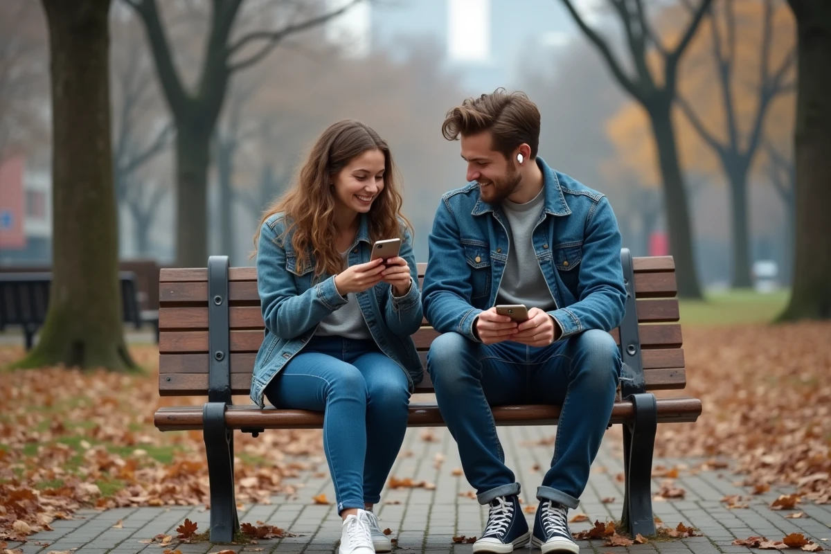 Deux amis partageant la lecture d'un webtoon sur smartphone dans un parc urbain en automne