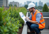 Architecte étudiant un devis sur un toit végétal urbain