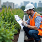 Architecte étudiant un devis sur un toit végétal urbain