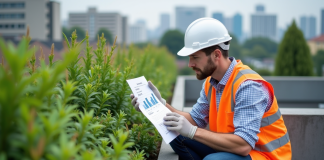 Architecte étudiant un devis sur un toit végétal urbain