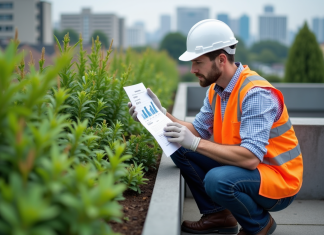 Comment évaluer le coût d’une toiture végétalisée par mètre carré ? Architecte étudiant un devis sur un toit végétal urbain