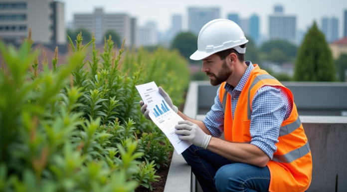 Architecte étudiant un devis sur un toit végétal urbain