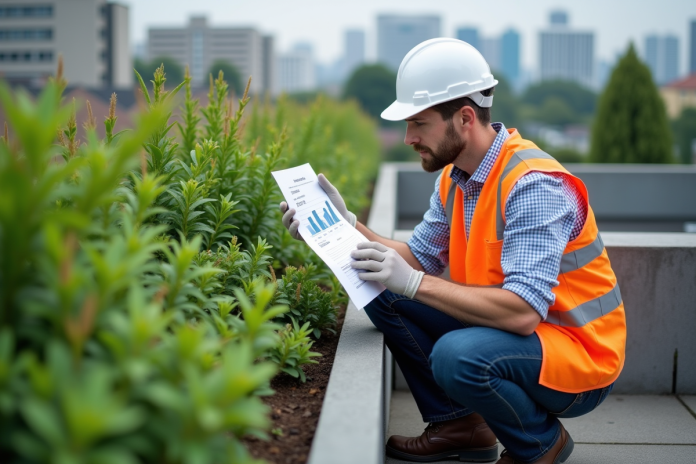 Architecte étudiant un devis sur un toit végétal urbain