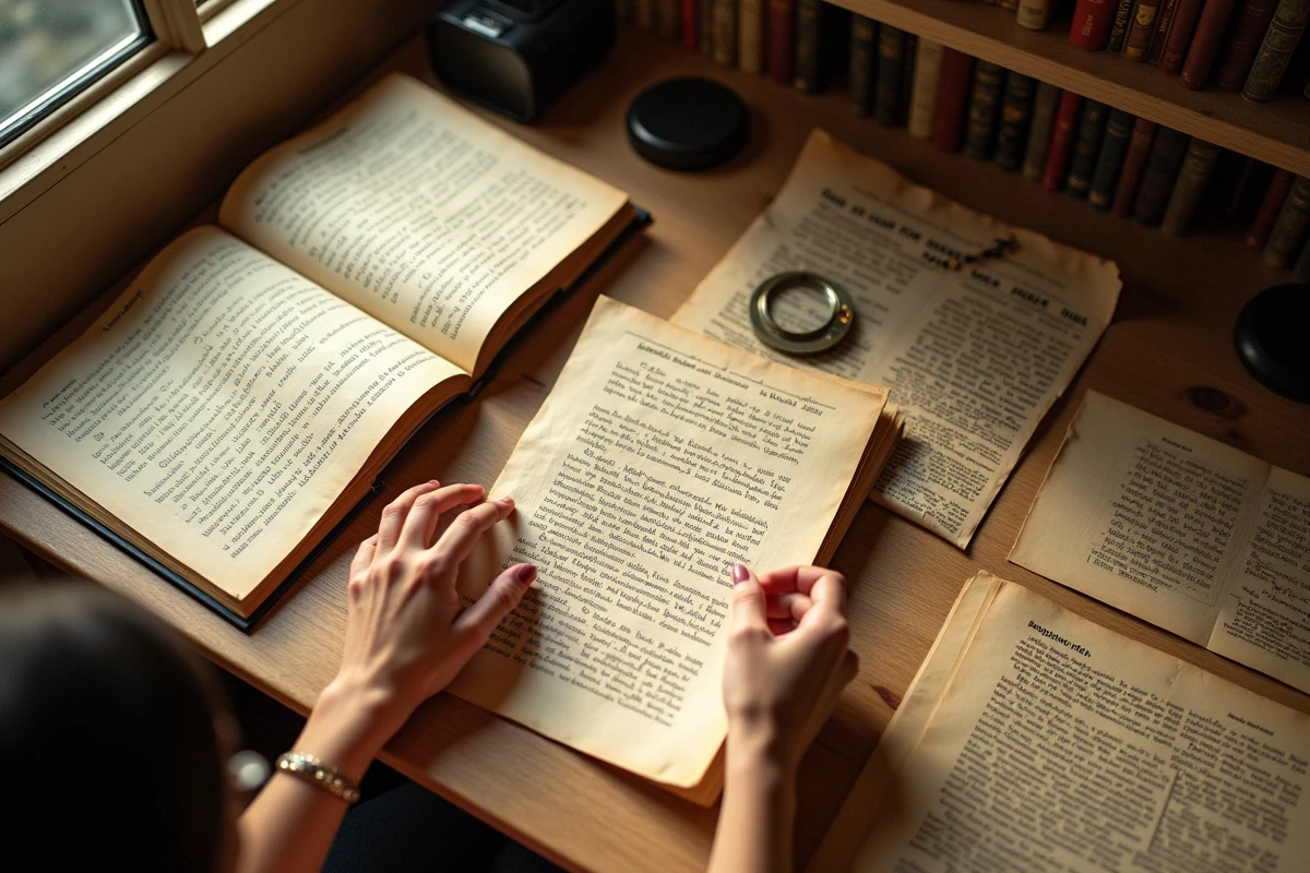 Documents d'archives généalogiques et coupures de presse étalés sur une table de bibliothèque pour une recherche sur les origines et la religion d'une personnalité publique