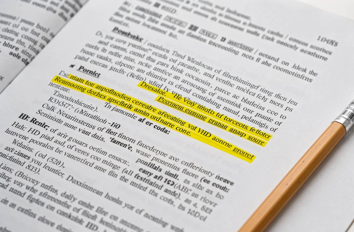 Article imprimé dont quelques lignes sont surlignées, avec un crayon à côté