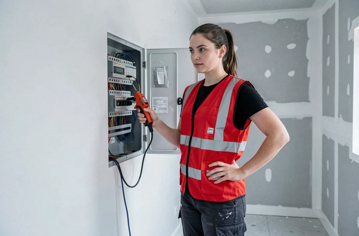 Technicienne d'A.S Electricité testant un tableau électrique dans une maison neuve