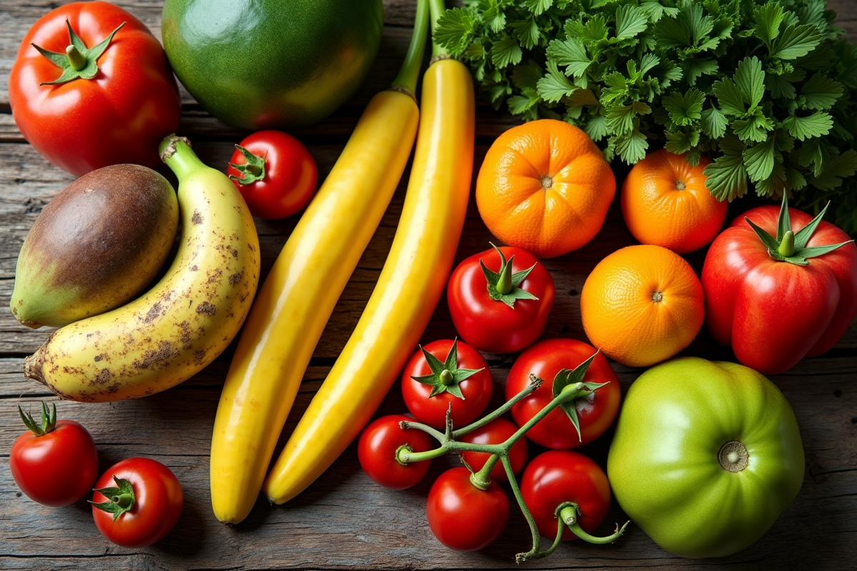 Assortiment coloré de fruits et légumes commençant par L