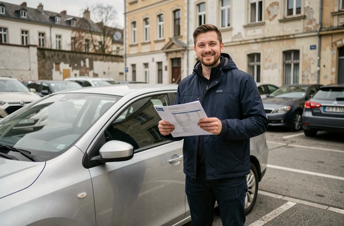 Homme tenant ses papiers d'assurance auto devant sa voiture en ville après souscription rapide