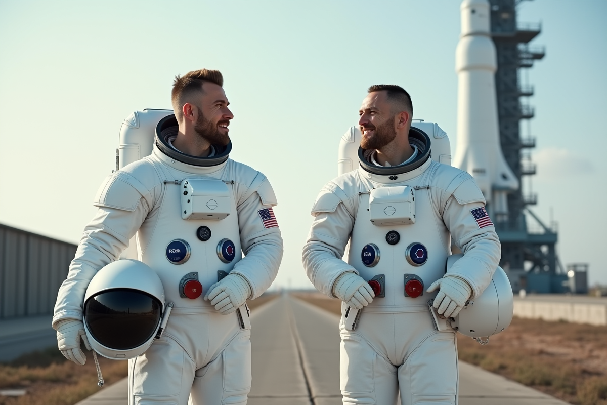 Deux astronautes en combinaison blanche avant le lancement