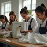 Groupe de travailleurs cousant et inspectant des vêtements dans un atelier éthique