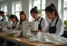 Groupe de travailleurs cousant et inspectant des vêtements dans un atelier éthique