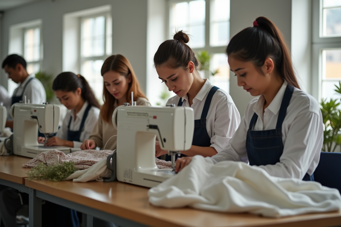 atelier-ecologique-vetements Groupe de travailleurs cousant et inspectant des vêtements dans un atelier éthique