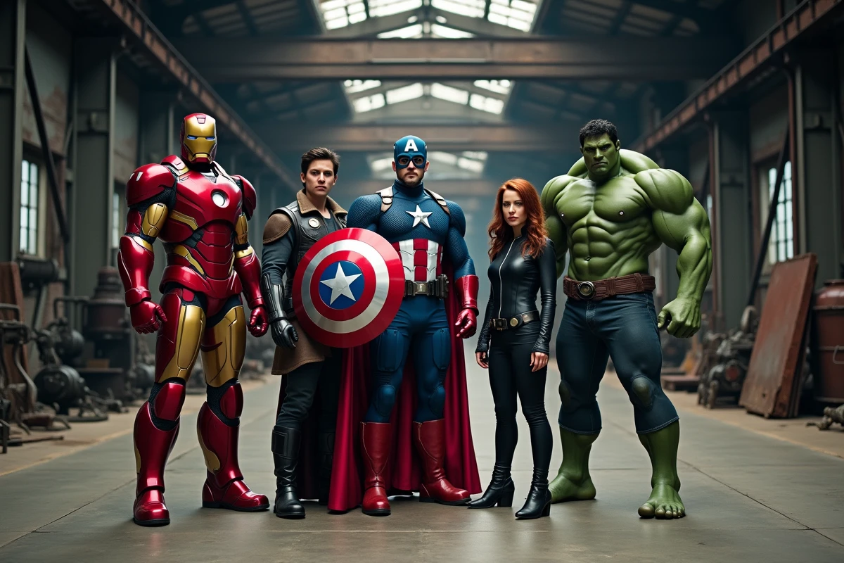 Groupe de cosplayers déguisés en Avengers réunis dans un entrepôt industriel, symbolisant la puissance collective face à Spider-Man