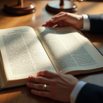 Mains d'un avocat tenant le code civil français avec lumière naturelle