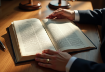 Mains d'un avocat tenant le code civil français avec lumière naturelle