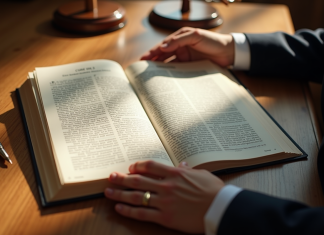 Mains d'un avocat tenant le code civil français avec lumière naturelle