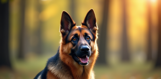Chien berger allemand assis dans la forêt ensoleillée