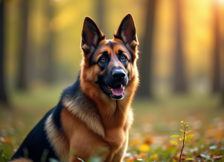 Chien berger allemand assis dans la forêt ensoleillée