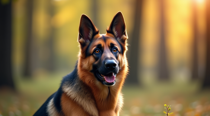 Chien berger allemand assis dans la forêt ensoleillée