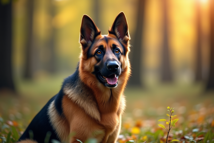 berger-german-sedentaire-foret Chien berger allemand assis dans la forêt ensoleillée