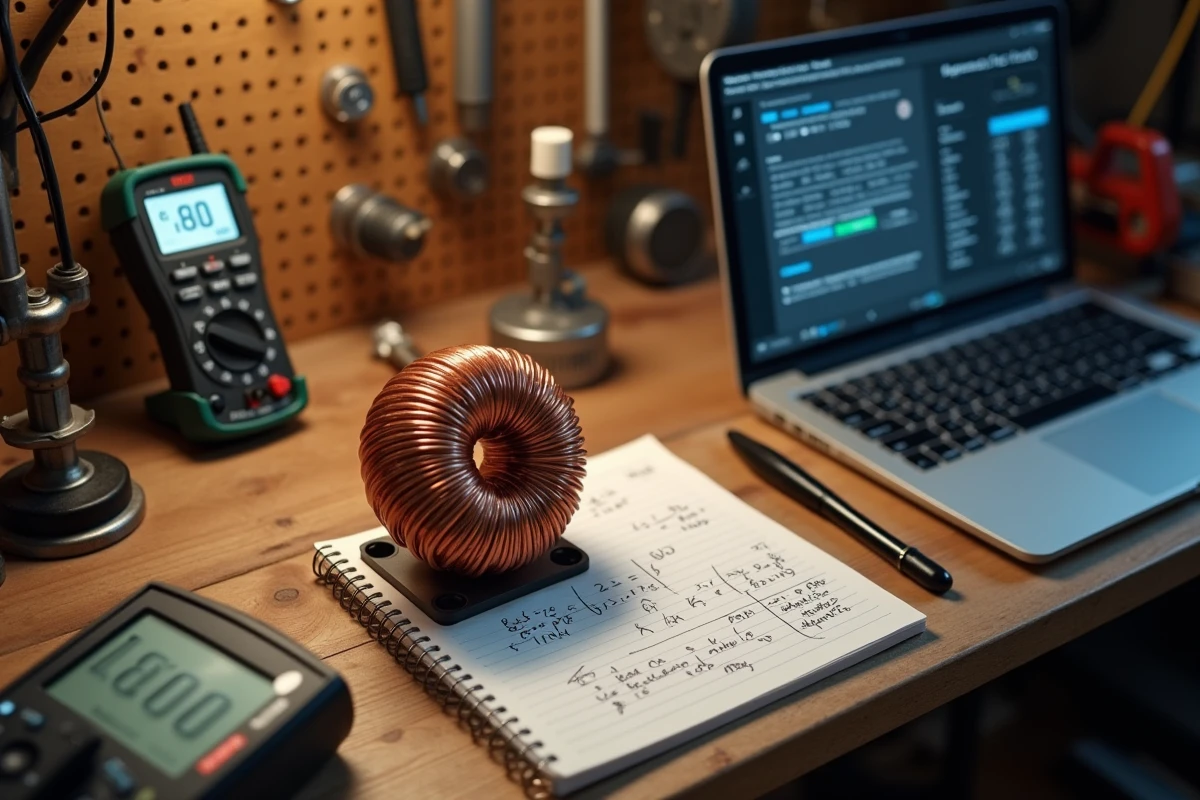 Bobine solénoïde en cuivre posée sur un établi avec un ordinateur affichant un calculateur de champ magnétique et des notes manuscrites de calculs