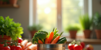 Une boîte de légumes mélangés ouverte sur une table en bois avec des tomates et carottes fraîches