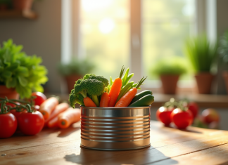 Une boîte de légumes mélangés ouverte sur une table en bois avec des tomates et carottes fraîches