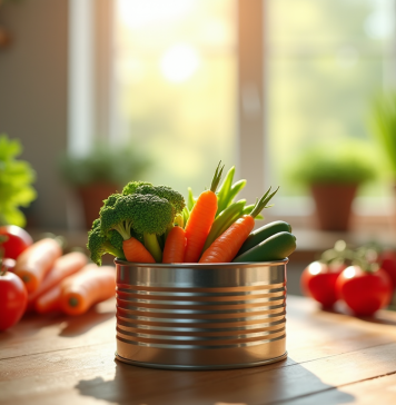 Une boîte de légumes mélangés ouverte sur une table en bois avec des tomates et carottes fraîches