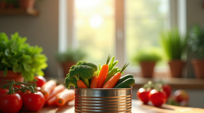 Une boîte de légumes mélangés ouverte sur une table en bois avec des tomates et carottes fraîches