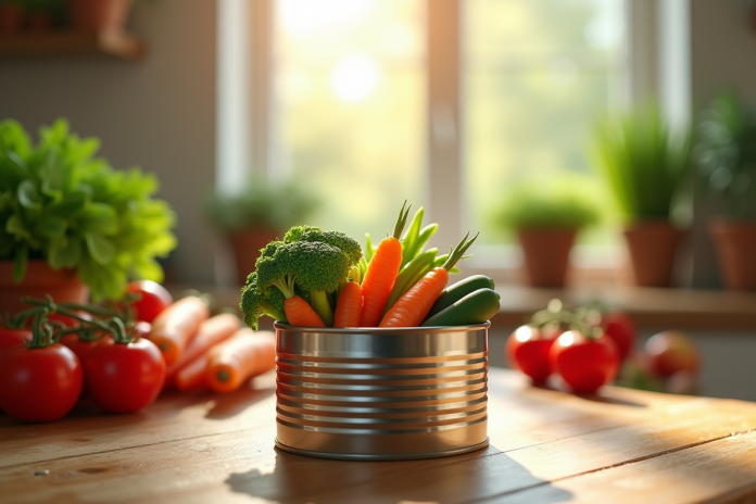 Une boîte de légumes mélangés ouverte sur une table en bois avec des tomates et carottes fraîches