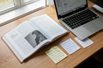 Bureau d'étudiant avec une revue ouverte, un ordinateur et des fiches de notes