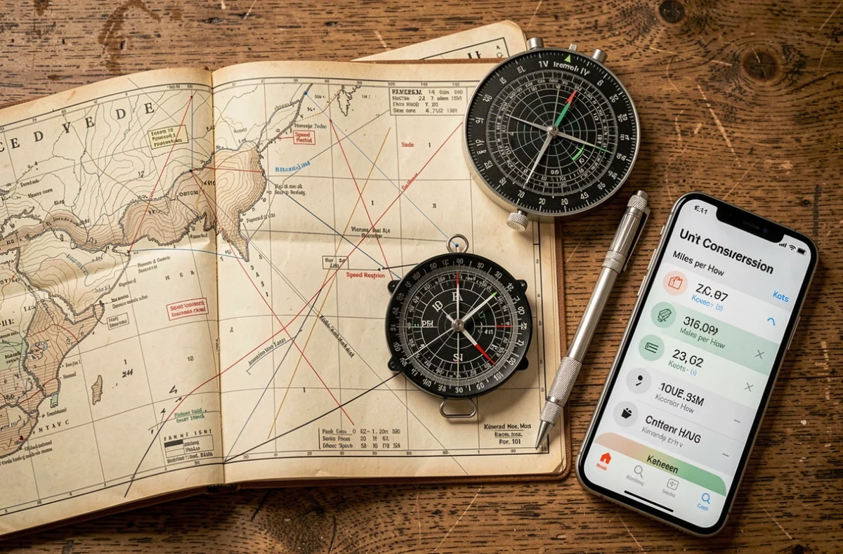 Vue aérienne d'une carte d'aviation, d'un calculateur de vol E6B et d'un smartphone avec conversions miles par heure en kilomètres par heure