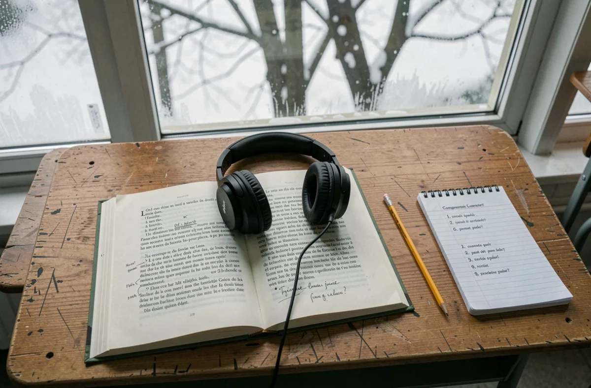 Casque audio posé sur un livre de poésie hivernale avec fiches de compréhension orale sur un bureau de classe