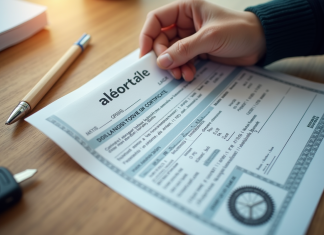 Main tenant une carte grise voiture sur un bureau lumineux