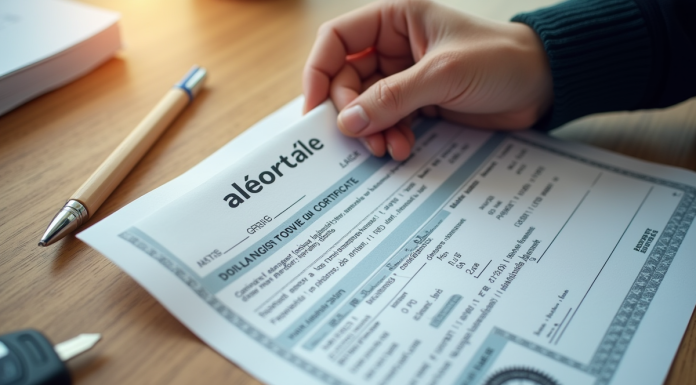 Main tenant une carte grise voiture sur un bureau lumineux
