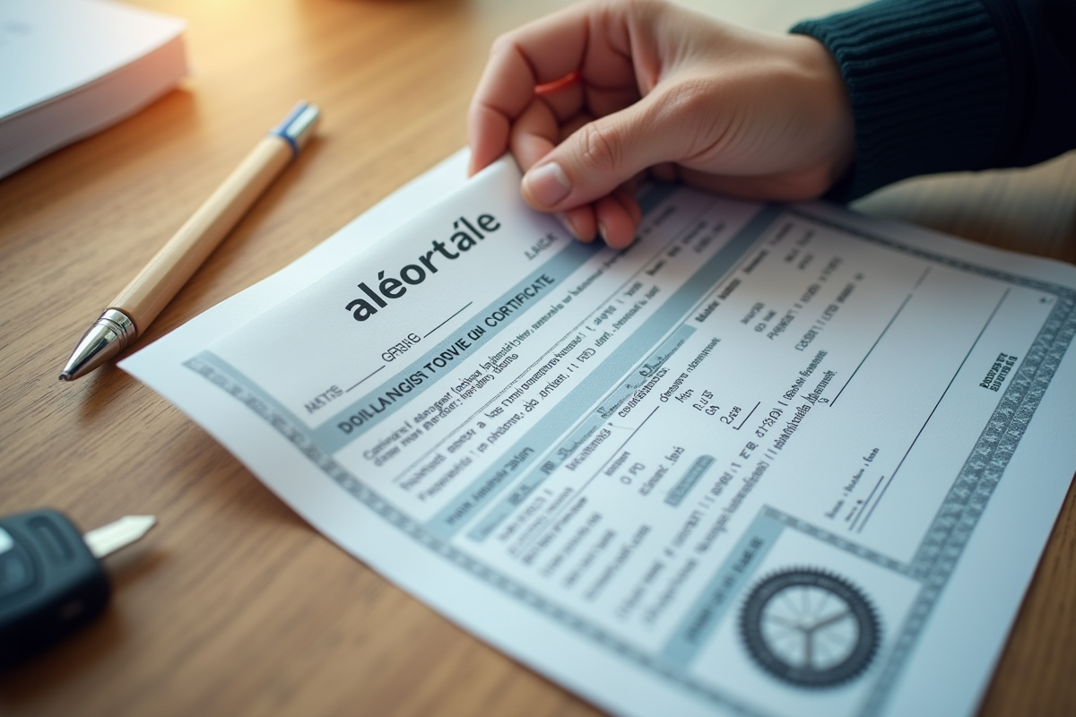 Main tenant une carte grise voiture sur un bureau lumineux