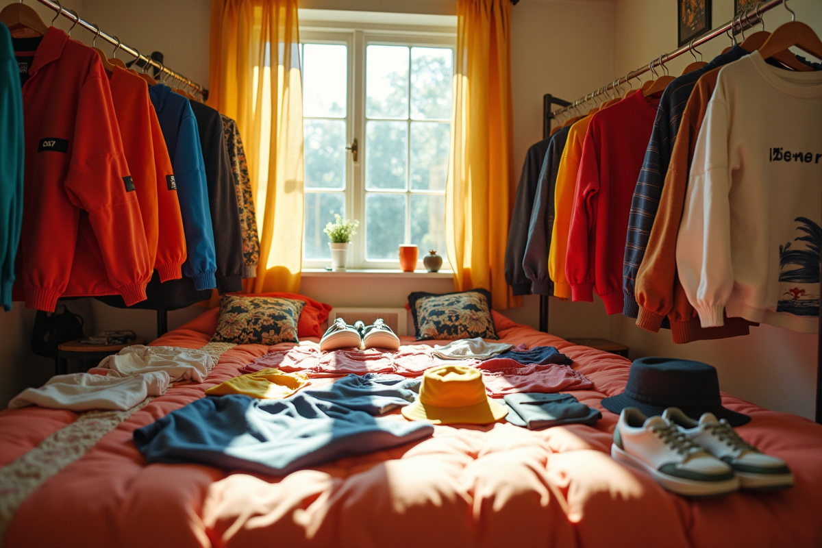 Chambre rétro des années 90 avec vêtements vintage colorés