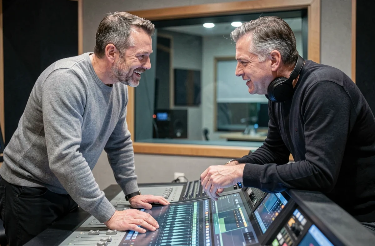 Chanteur d'Imagine Dragons en session de collaboration musicale avec un producteur dans un studio haut de gamme, projet solo 2026