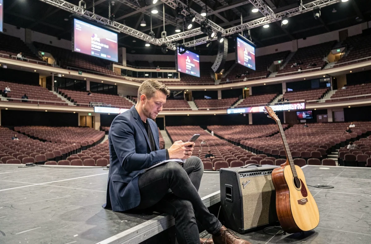 Musicien de rock assis en bord de scène dans une salle de concert vide lors d'une répétition, ambiance coulisses 2026