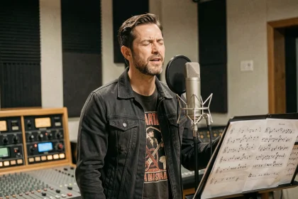 Chanteur de rock en studio d'enregistrement professionnel, microphonème vintage, ambiance musicale authentique 2026